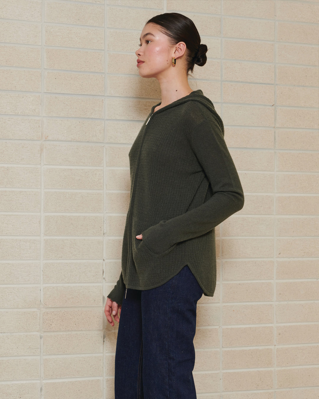 CASHMERE WAFFLE KNIT HOODIE CARDIGAN - TEAF LEAF