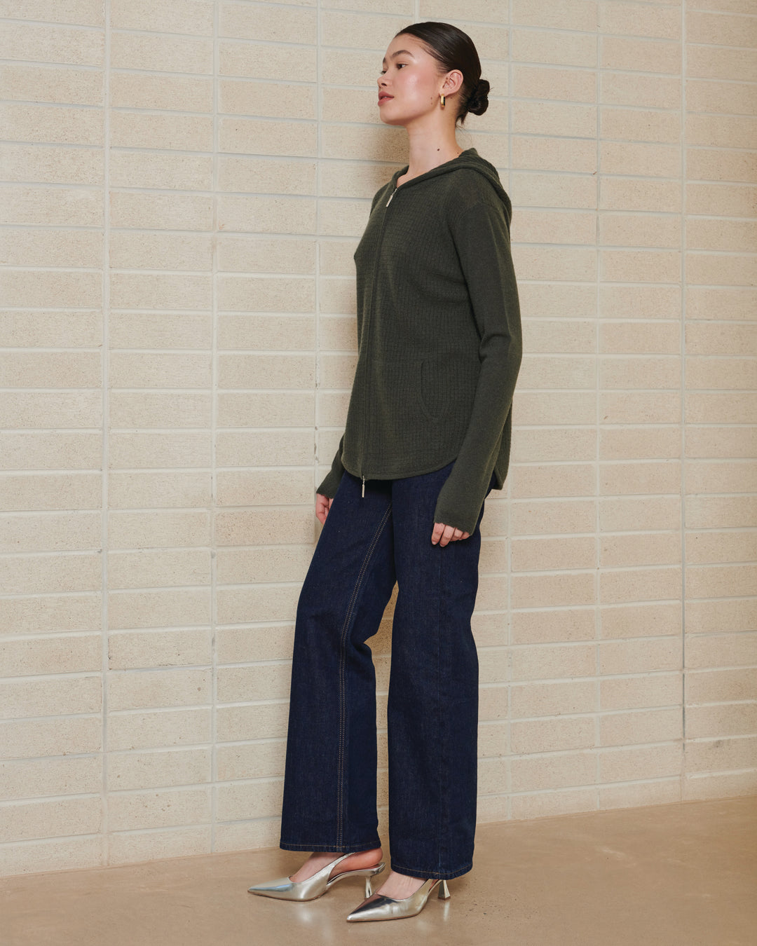 CASHMERE WAFFLE KNIT HOODIE CARDIGAN - TEAF LEAF
