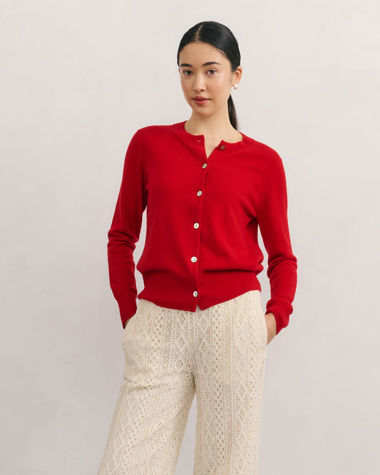 CASHMERE CREW NECK CARDIGAN - SCARLET RED