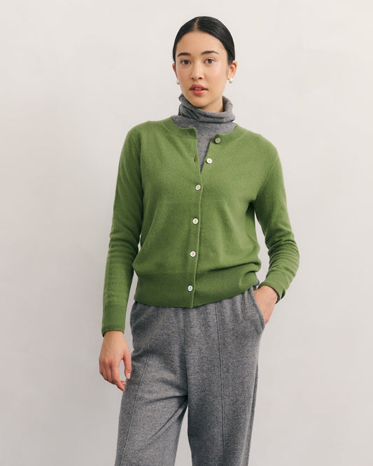 CASHMERE CREW NECK CARDIGAN - KAFFIR GREEN