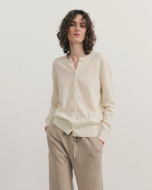 CASHMERE CREW NECK CARDIGAN - CREAM RAW