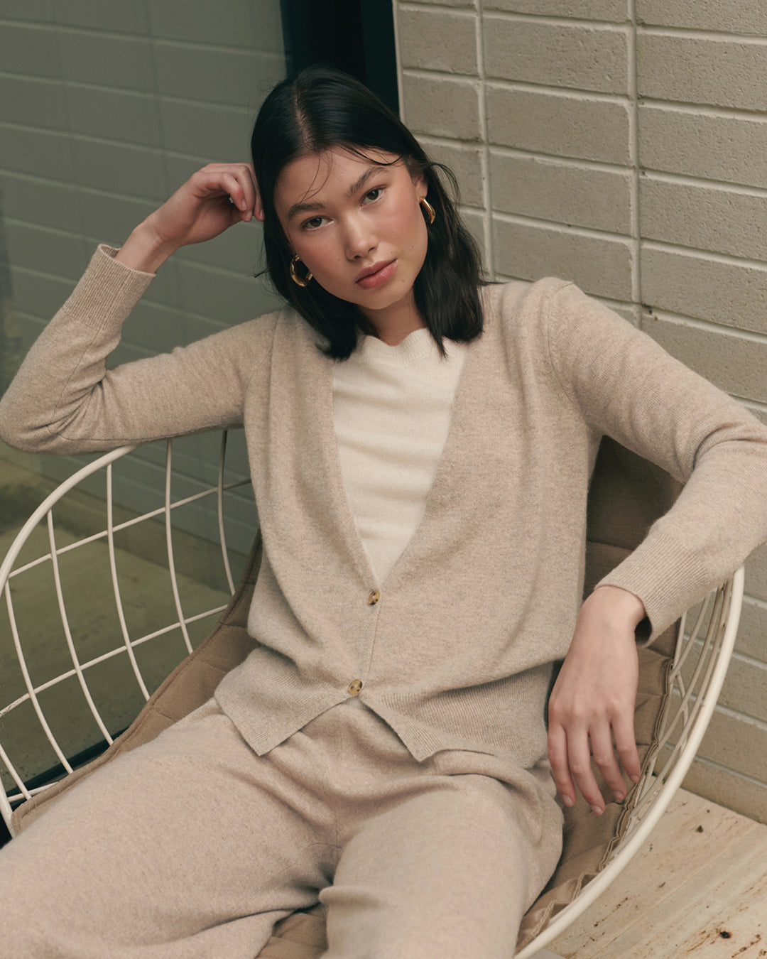 CASHMERE DEEP V CARDIGAN - BEIGE RAW