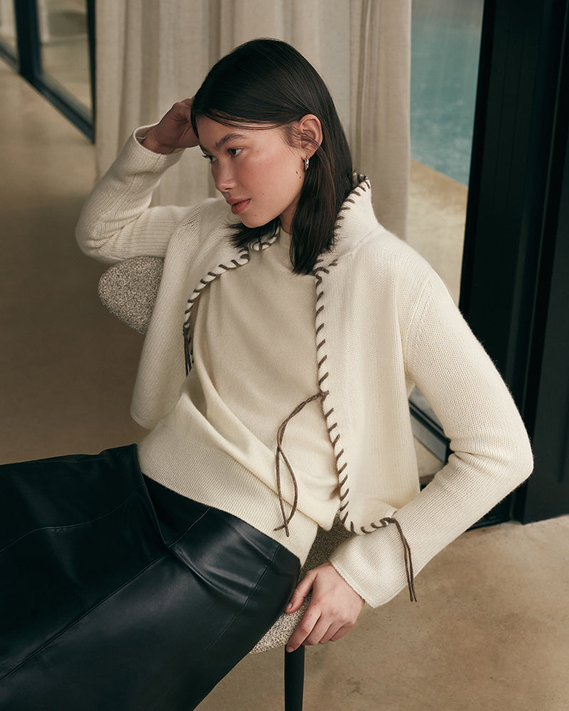CASHMERE CONTRAST STITCH RIDER JACKET - CREAM RAW