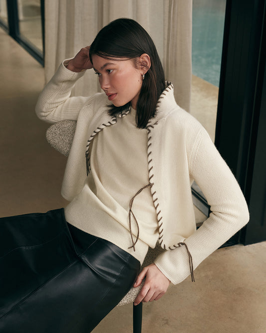 CASHMERE CONTRAST STITCH RIDER JACKET - CREAM RAW