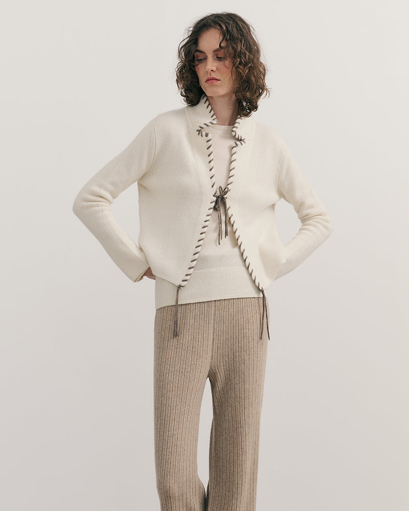 CASHMERE CONTRAST STITCH RIDER JACKET - CREAM RAW