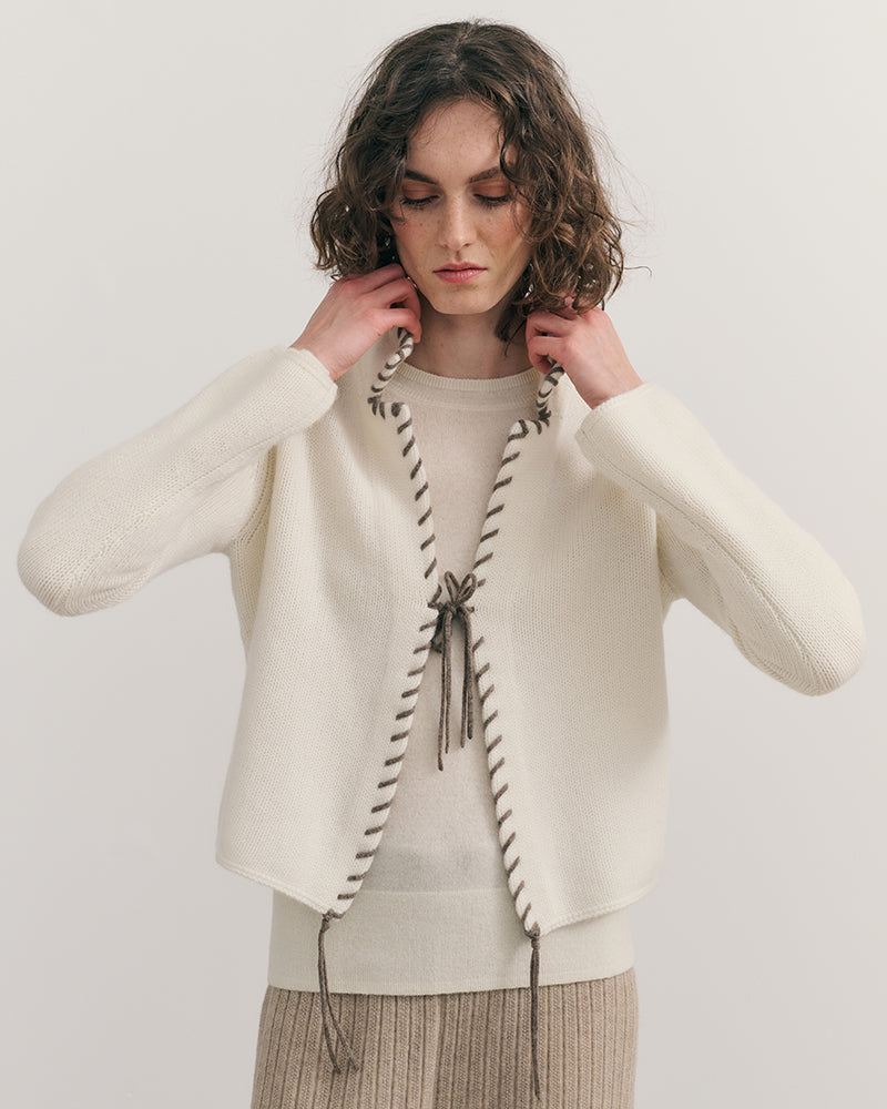CASHMERE CONTRAST STITCH RIDER JACKET - CREAM RAW
