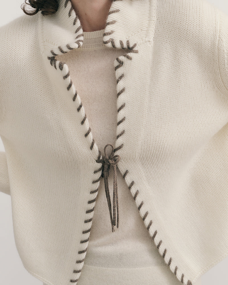 CASHMERE CONTRAST STITCH RIDER JACKET - CREAM RAW