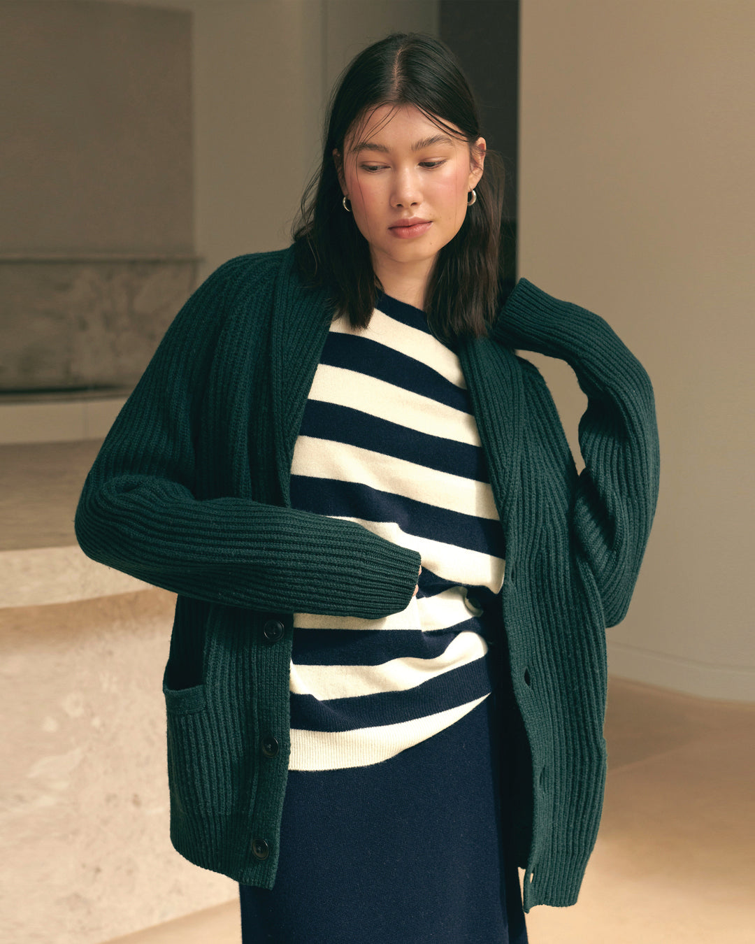 NOMADIC RIBBED BOYFRIEND CARDIGAN - DEEP FOREST GREEN