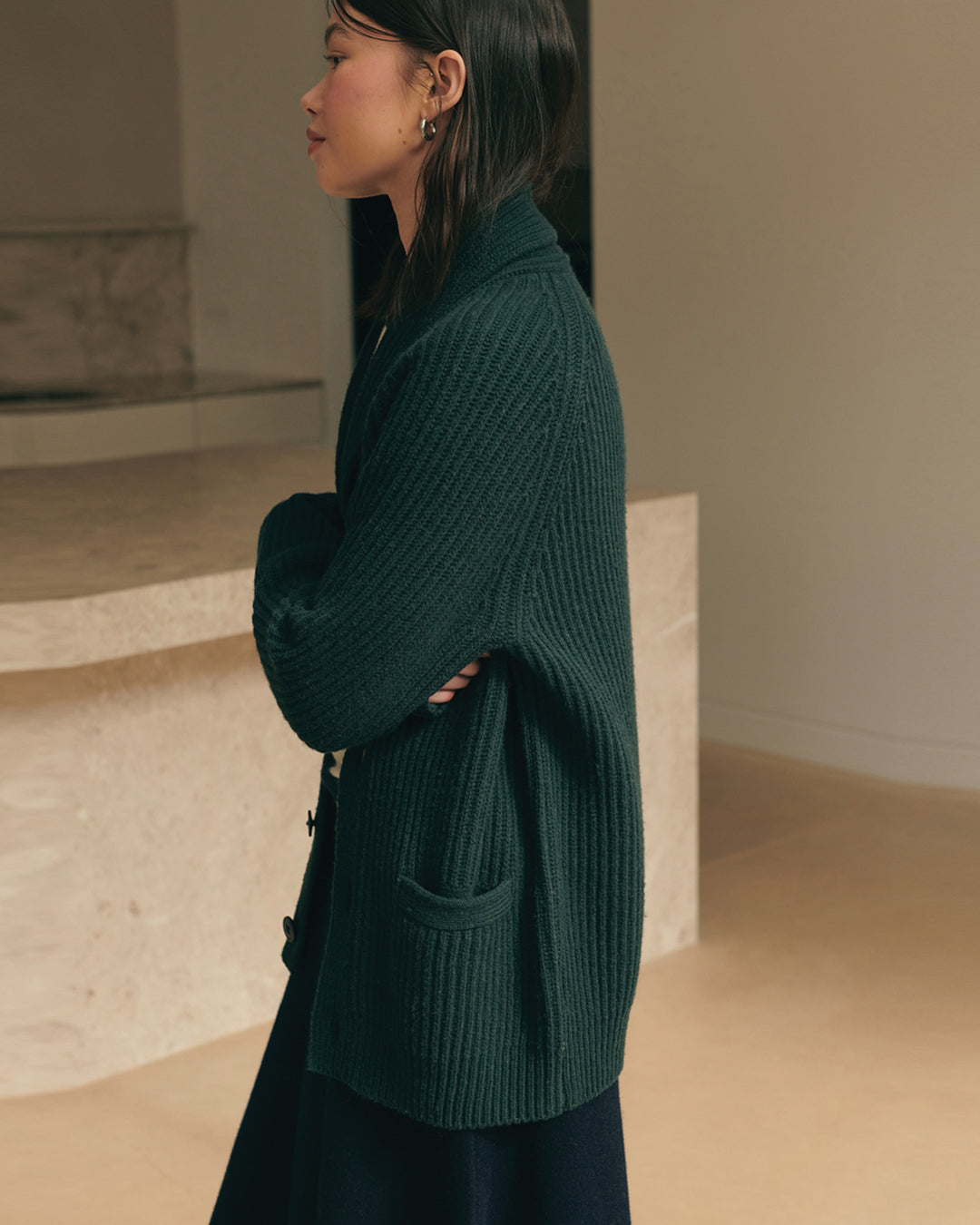 NOMADIC RIBBED BOYFRIEND CARDIGAN - DEEP FOREST GREEN