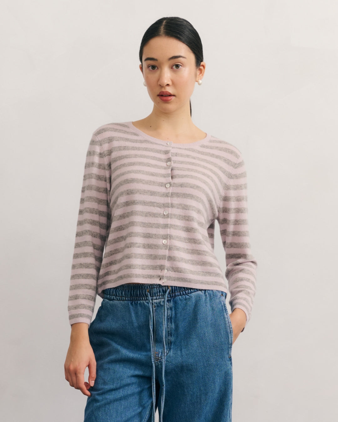 LIKE A BREEZE STRIPED CARDIGAN - LILAC MIST/STEEL GREY