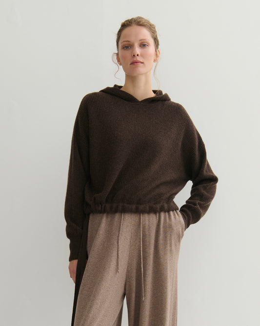 RIBKNIT CROPPED CASHMERE HOODIE - CHOCOLATE