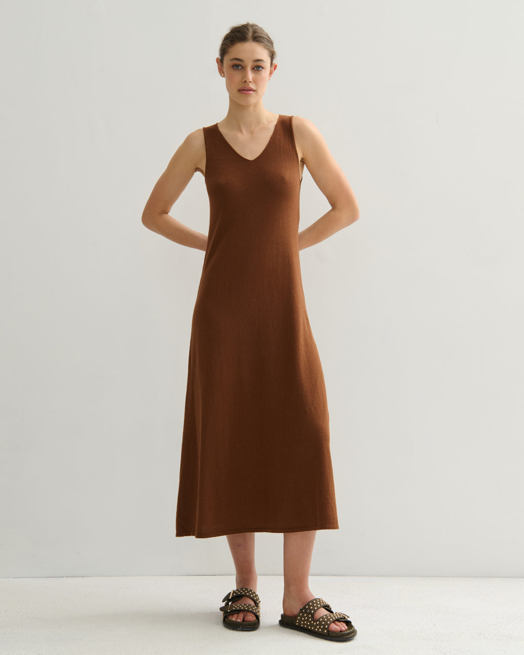 SORRENTO V NECK MAXI SLIP DRESS - BURNT CARAMEL