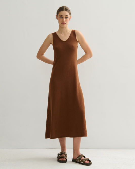 SORRENTO V NECK MAXI SLIP DRESS - BURNT CARAMEL