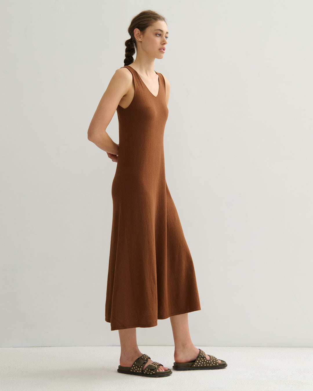 SORRENTO V NECK MAXI SLIP DRESS - BURNT CARAMEL