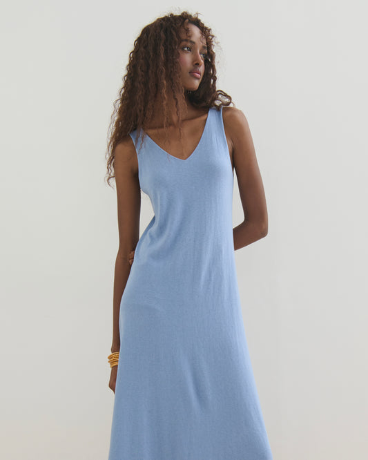 SORRENTO V NECK MAXI SLIP DRESS - WASHED DENIM