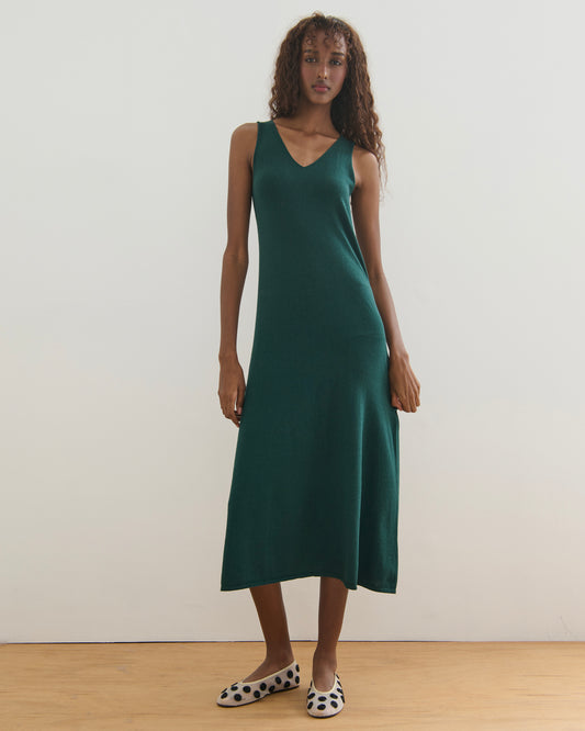 SORRENTO V NECK MAXI SLIP DRESS - FOREST GREEN