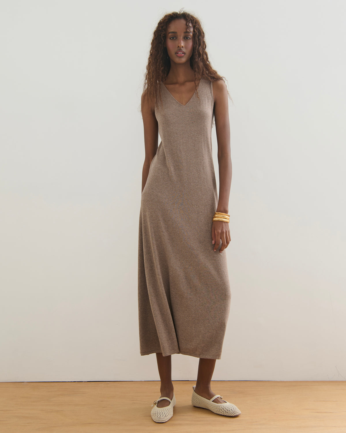 SORRENTO V NECK MAXI SLIP DRESS - TAUPE
