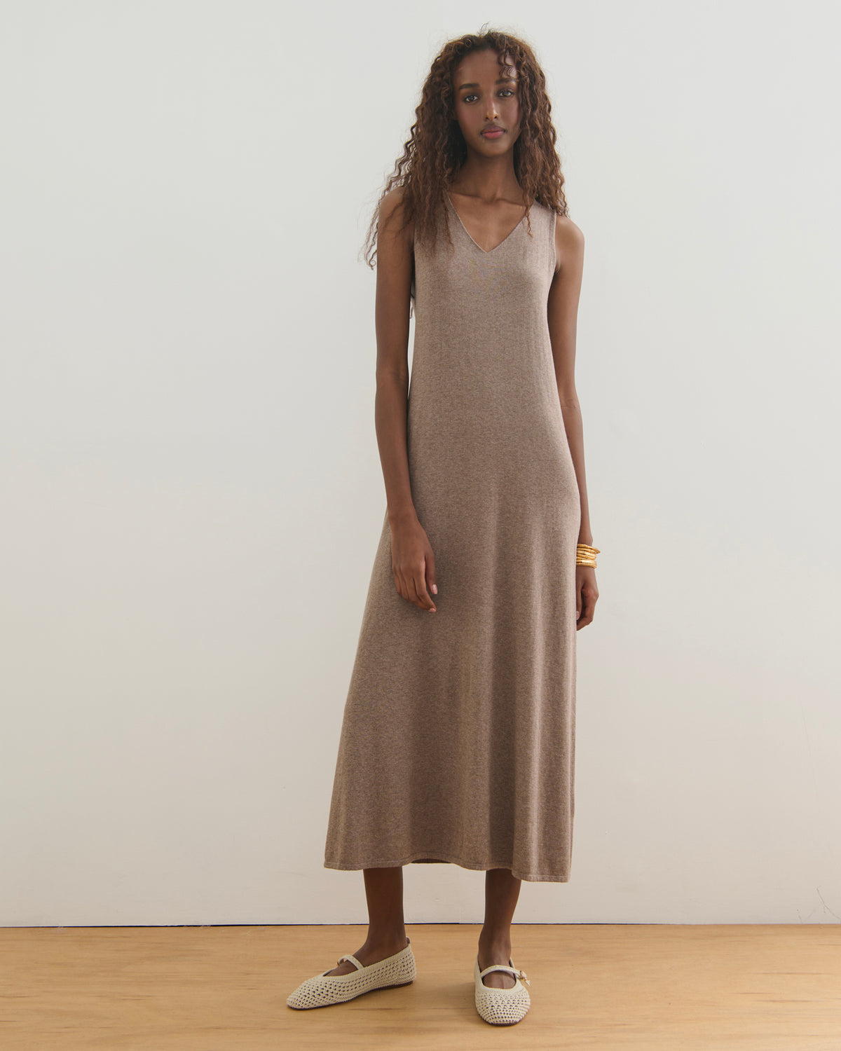 SORRENTO V NECK MAXI SLIP DRESS - TAUPE