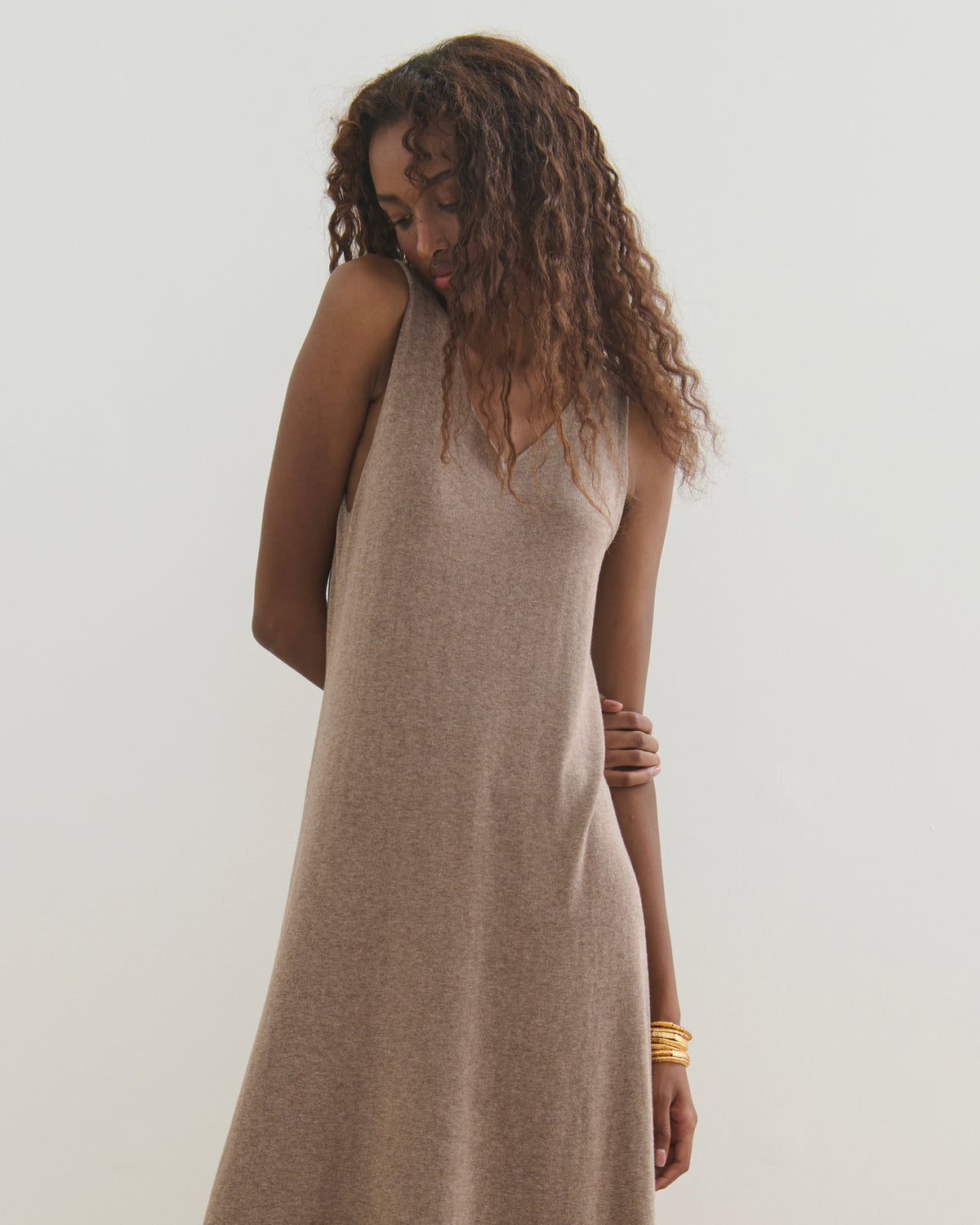 SORRENTO V NECK MAXI SLIP DRESS - TAUPE