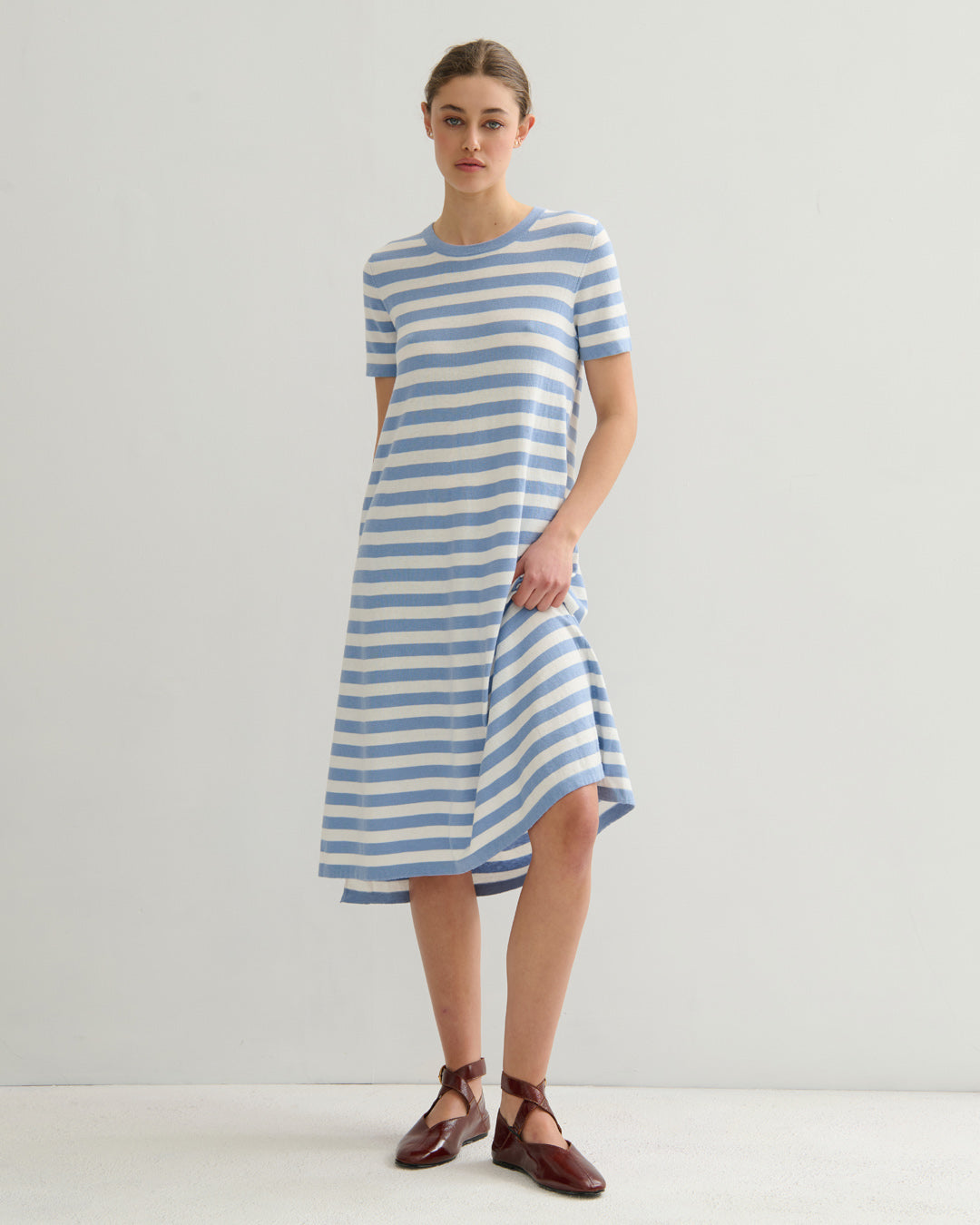 SORRENTO POCKETED STRIPE DRESS - WASHED DENIM + PEARL WHITE