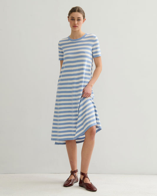 SORRENTO POCKETED STRIPE DRESS - WASHED DENIM + PEARL WHITE