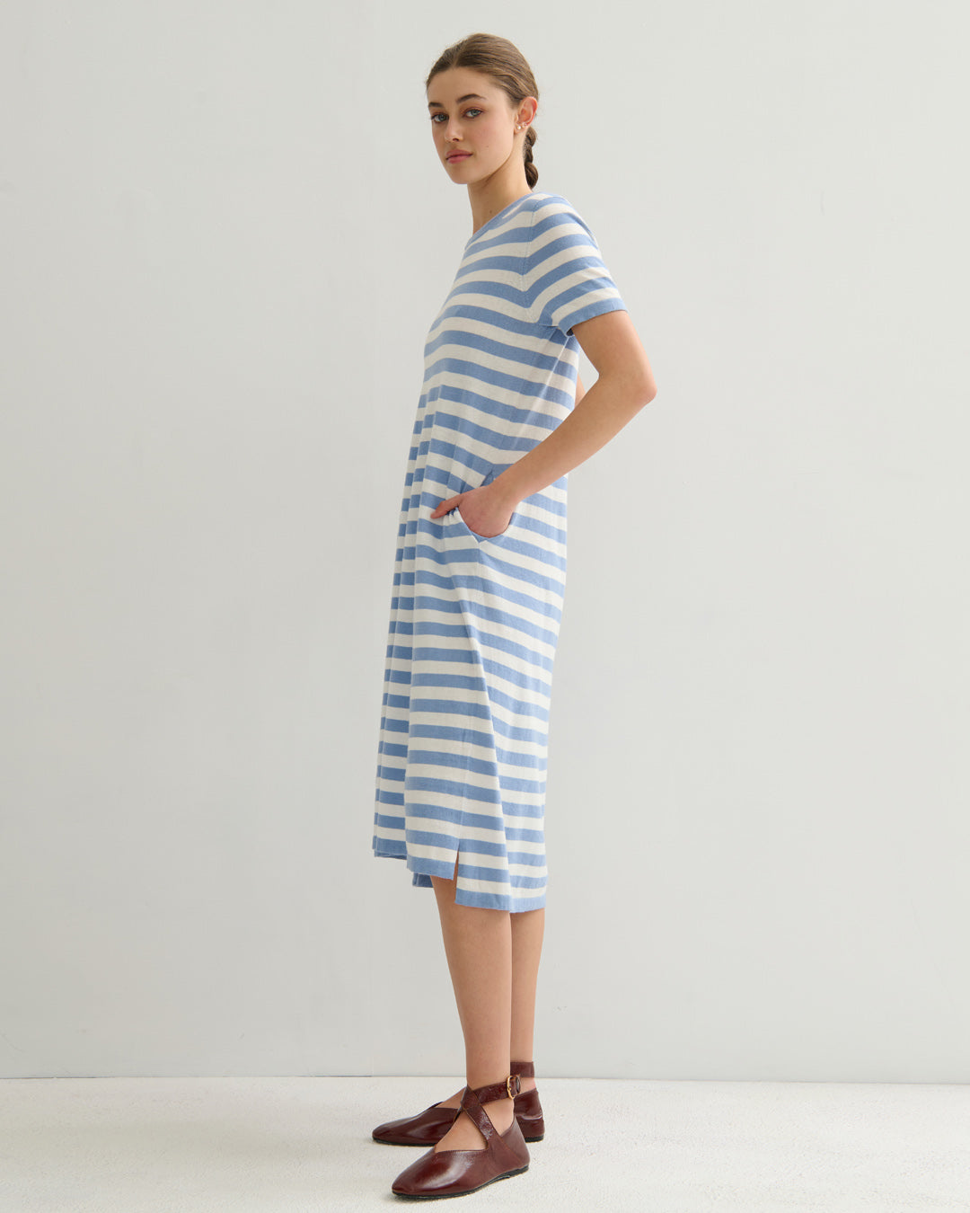SORRENTO POCKETED STRIPE DRESS - WASHED DENIM + PEARL WHITE