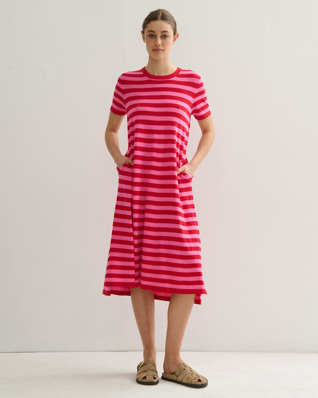 SORRENTO POCKETED STRIPE DRESS - RED + PINK