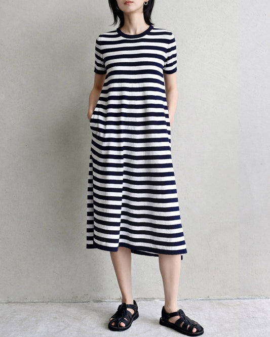 SORRENTO POCKETED STRIPE DRESS - NAVY + PEARL WHITE
