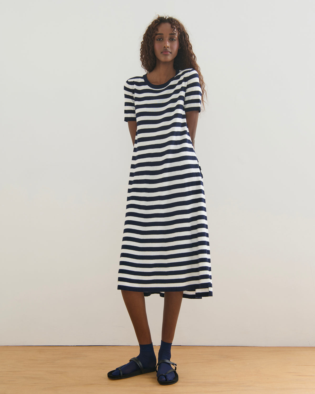 SORRENTO POCKETED STRIPE DRESS - NAVY + PEARL WHITE