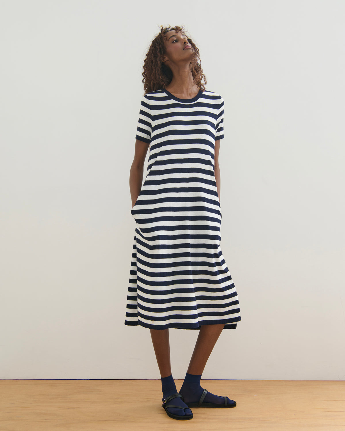 SORRENTO POCKETED STRIPE DRESS - NAVY + PEARL WHITE