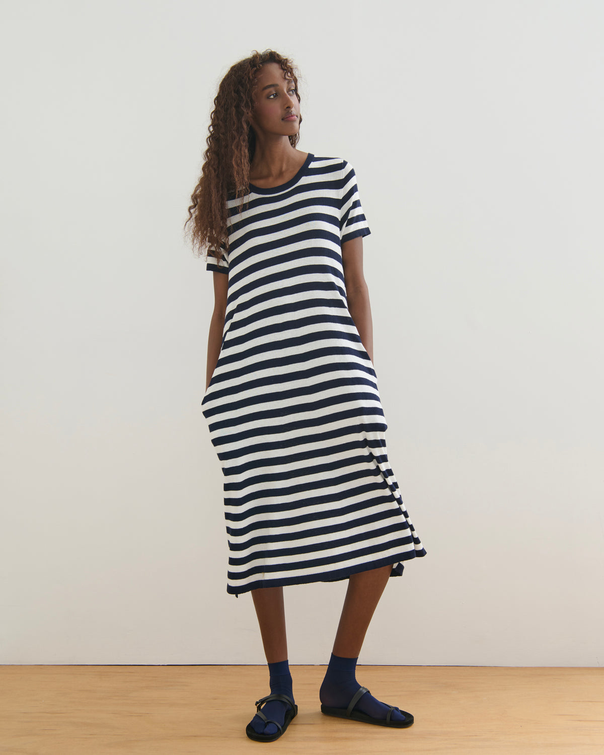 SORRENTO POCKETED STRIPE DRESS - NAVY + PEARL WHITE