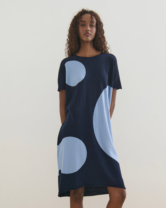 AIRY POLKA COTTON CASHMERE DRESS - NAVY BLUE