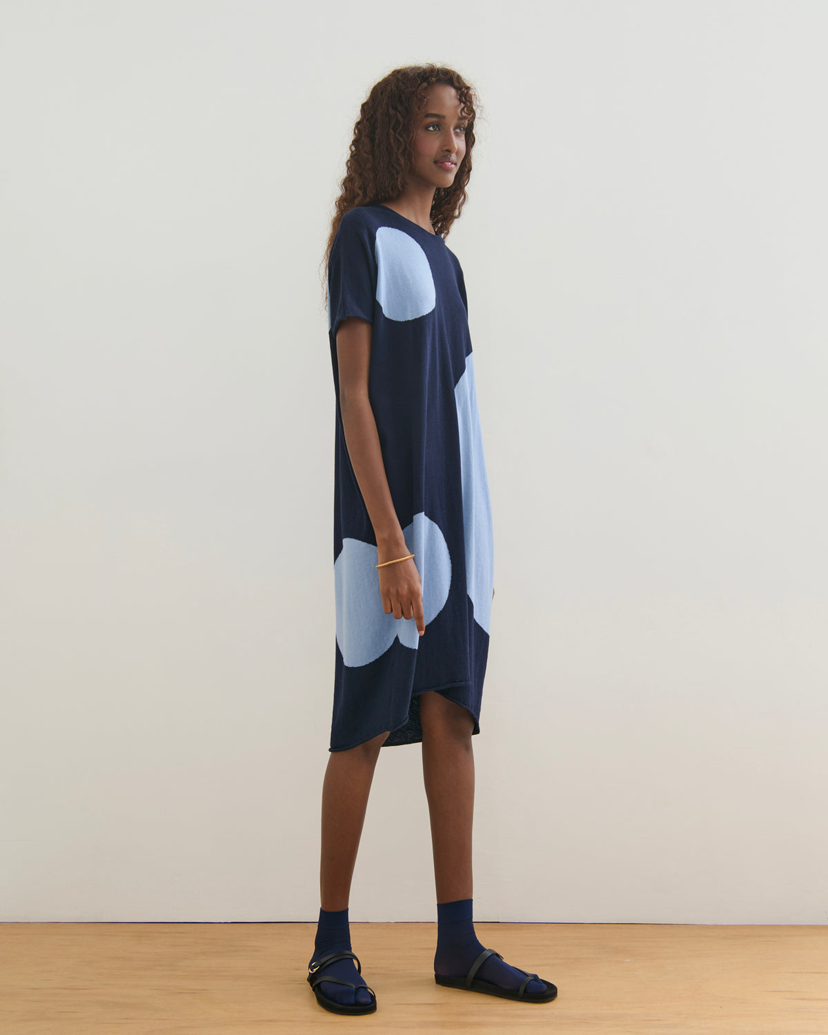 AIRY POLKA COTTON CASHMERE DRESS - NAVY BLUE