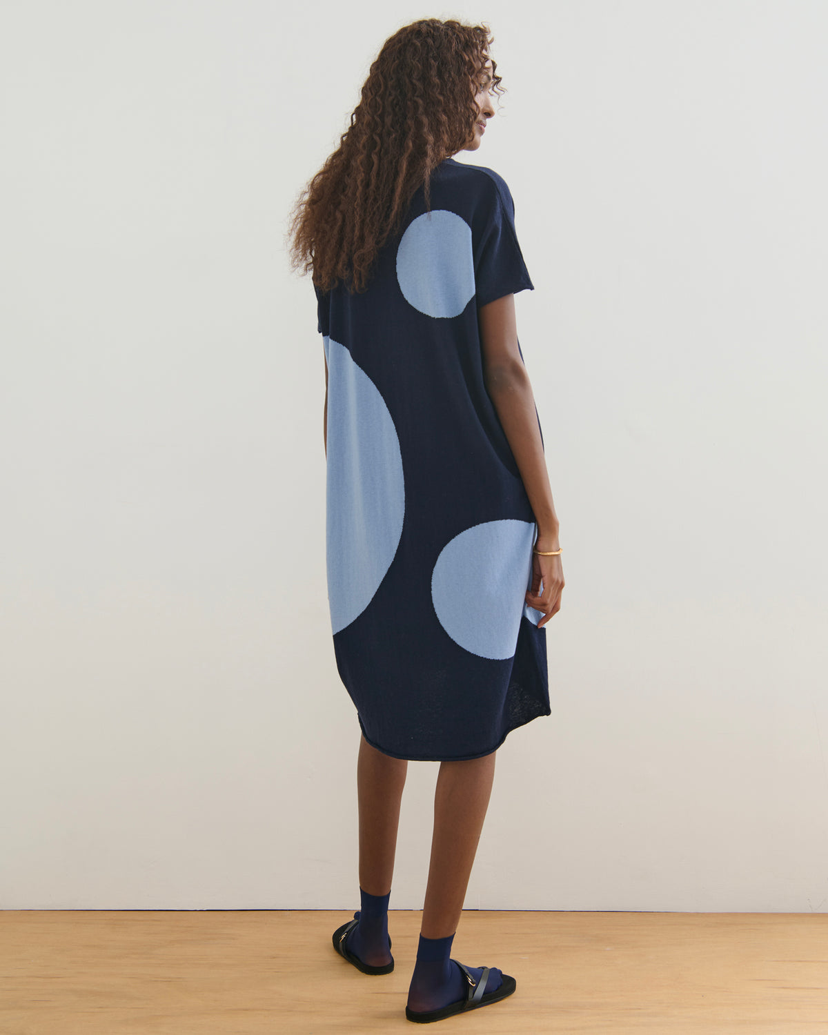 AIRY POLKA COTTON CASHMERE DRESS - NAVY BLUE