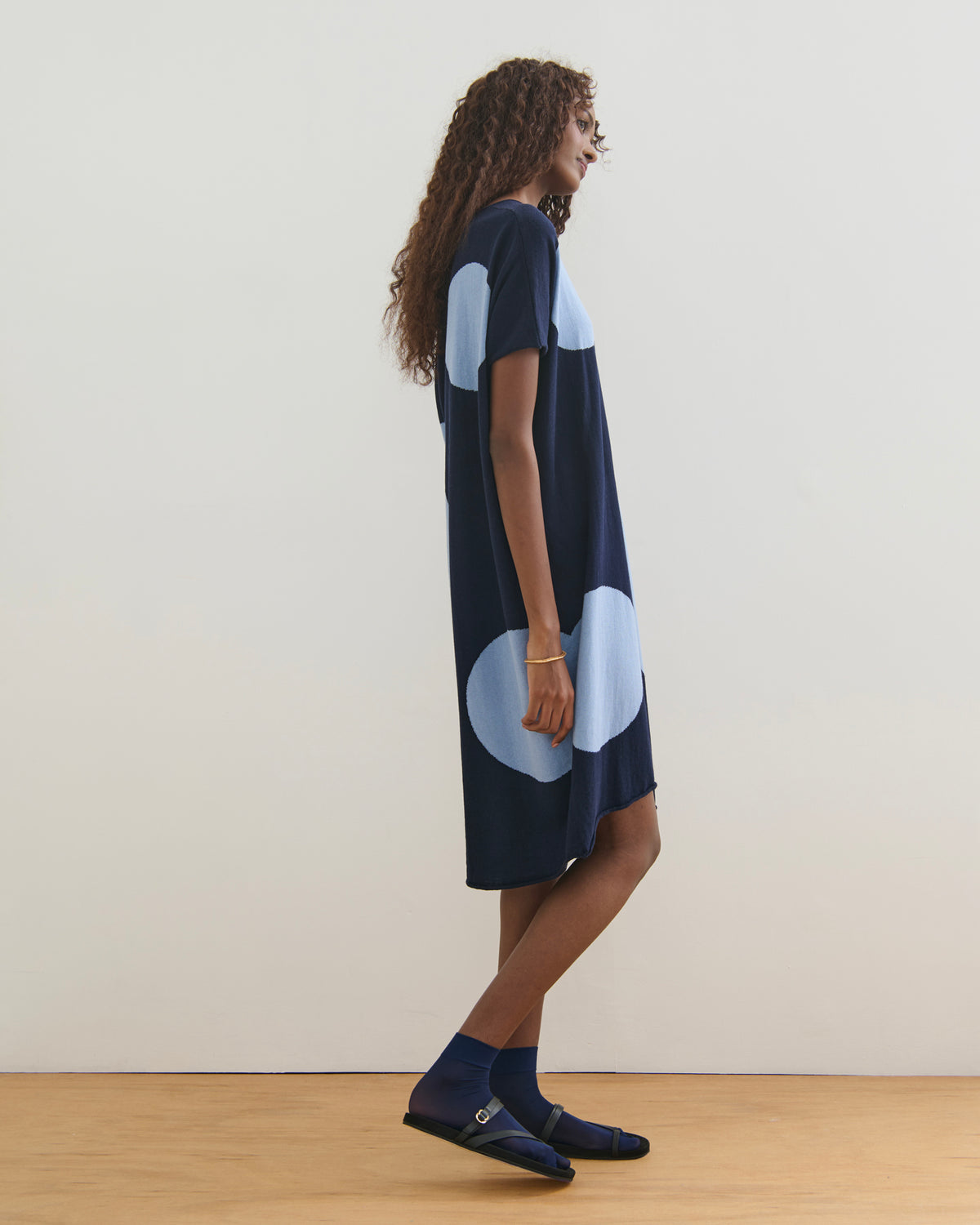 AIRY POLKA COTTON CASHMERE DRESS - NAVY BLUE