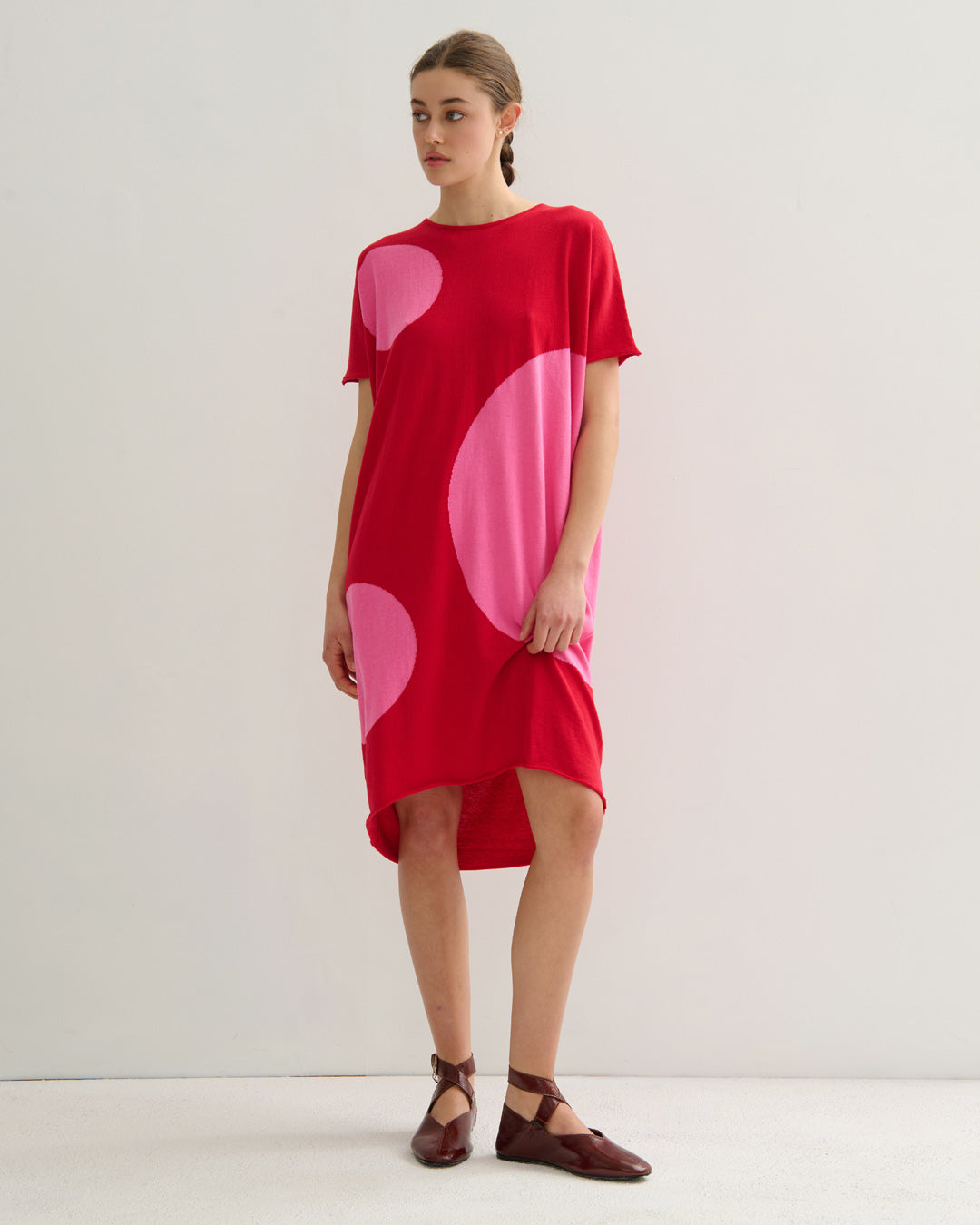AIRY POLKA DRESS - RED PINK