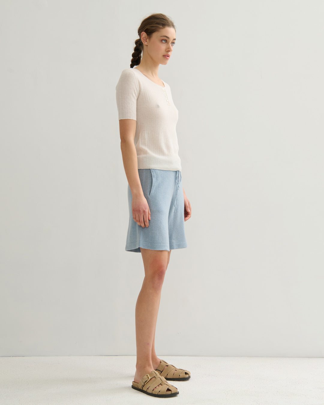 CASHMERE WIDE LEG SHORTS - CLOUDY BLUE