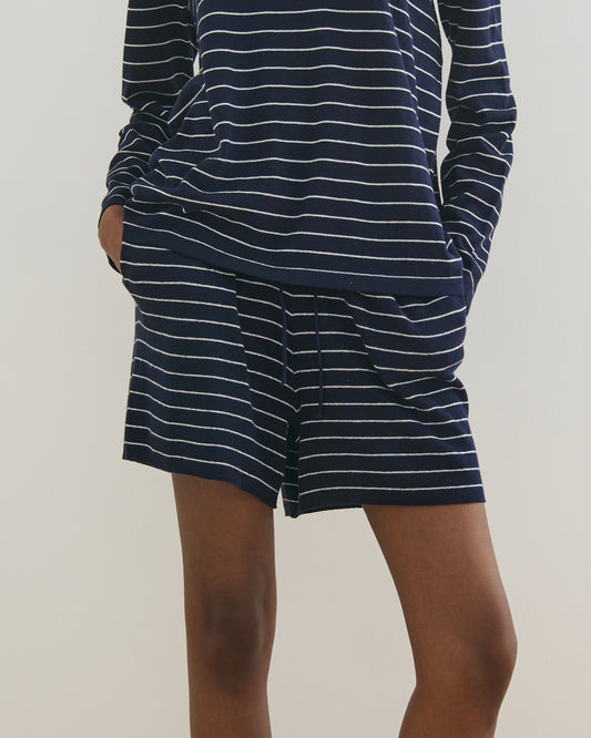 FINE STRIPE COTTON CASHMERE KNIT SHORTS - NAVY