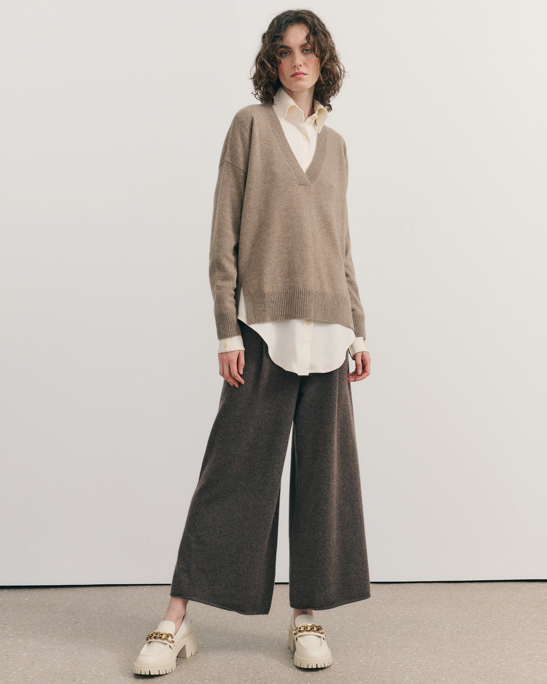 CASHMERE WIDE LEG PANTS - CHESTNUT