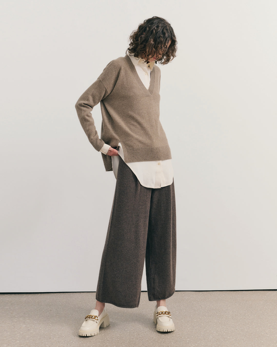 CASHMERE WIDE LEG PANTS - CHESTNUT