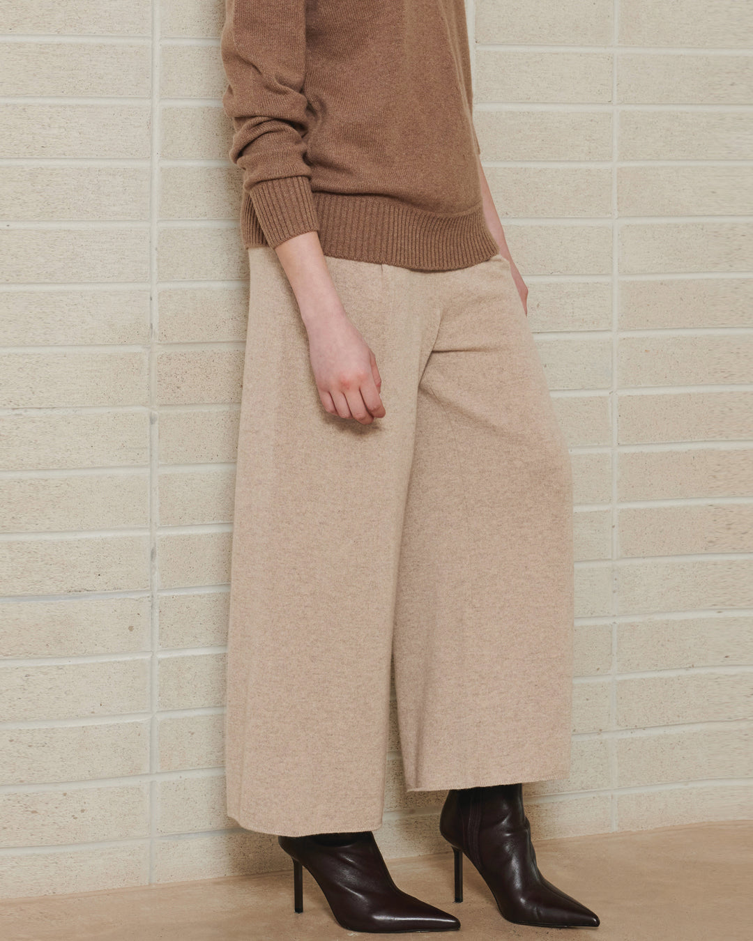 CASHMERE WIDE LEG PANTS - WHEAT