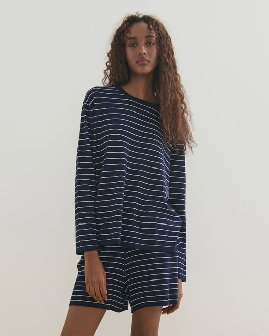 FINE STRIPE COTTON CASHMERE LONG SLEEVE TEE - NAVY