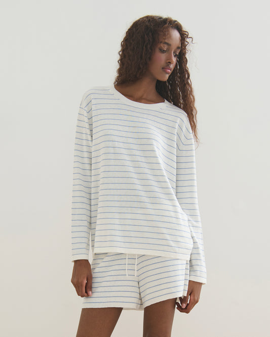 FINE STRIPE COTTON CASHMERE LONG SLEEVE TEE - PEARL WHITE