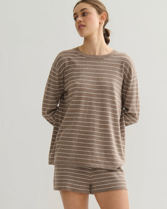 FINE STRIPE COTTON CASHMERE KNIT TEE - TAUPE