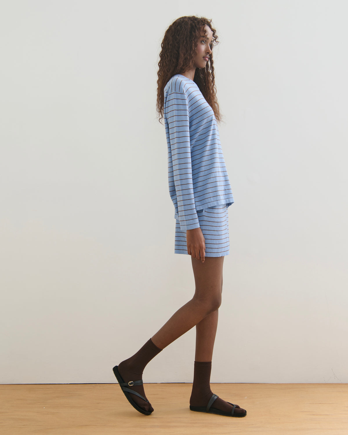 FINE STRIPE COTTON CASHMERE LONG SLEEVE TEE - WASHED DENIM