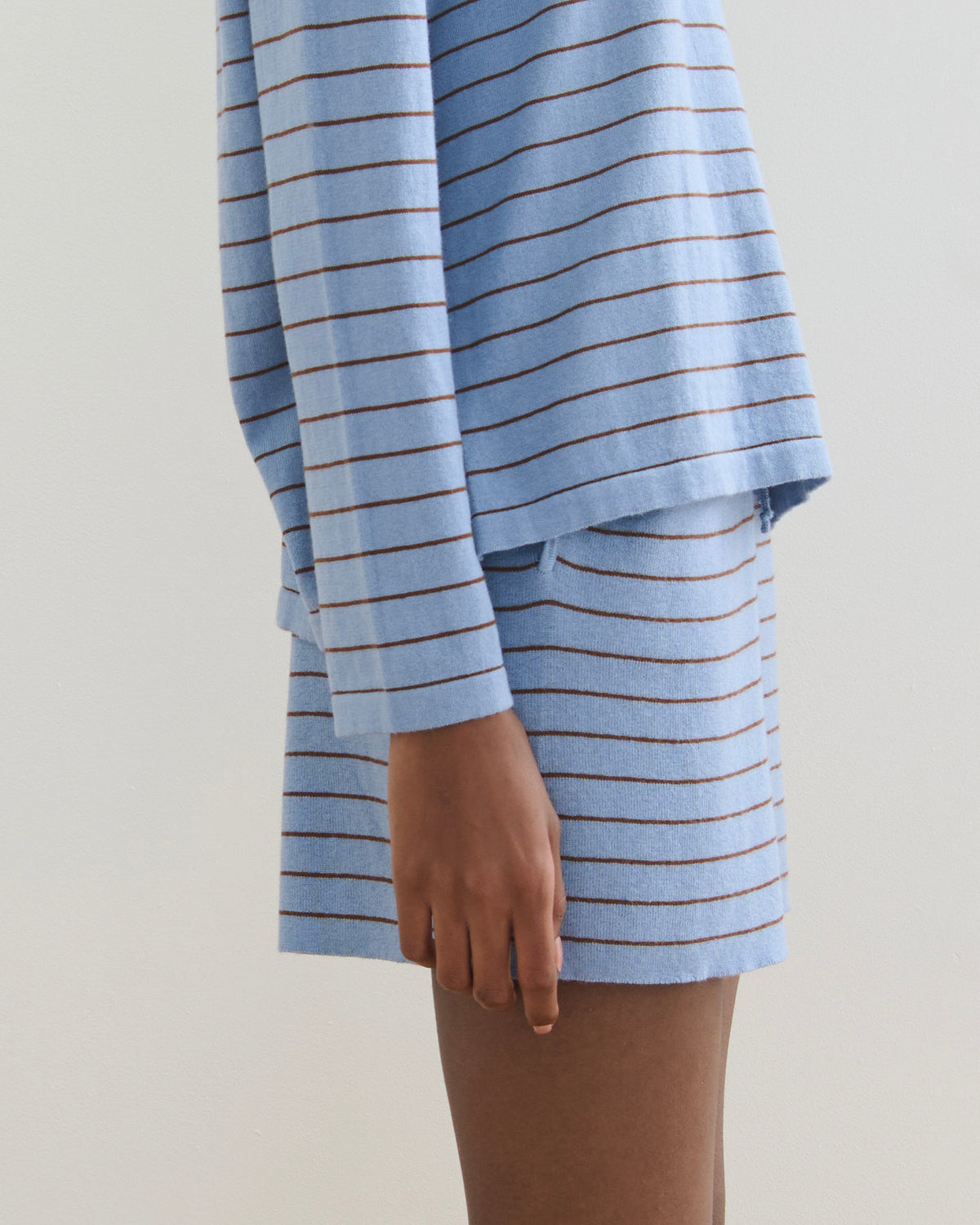 FINE STRIPE COTTON CASHMERE LONG SLEEVE TEE - WASHED DENIM