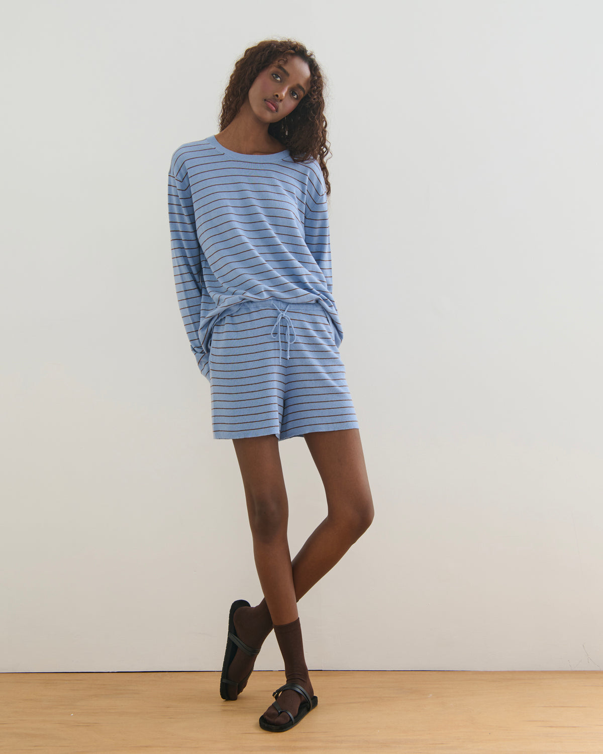 FINE STRIPE COTTON CASHMERE LONG SLEEVE TEE - WASHED DENIM