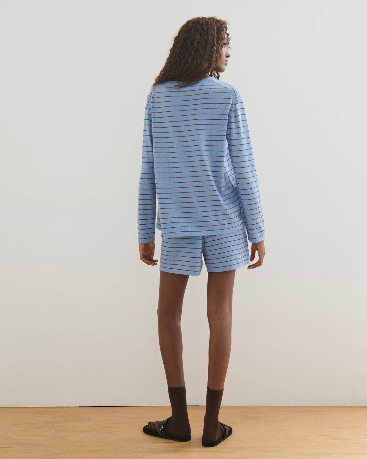FINE STRIPE COTTON CASHMERE LONG SLEEVE TEE - WASHED DENIM