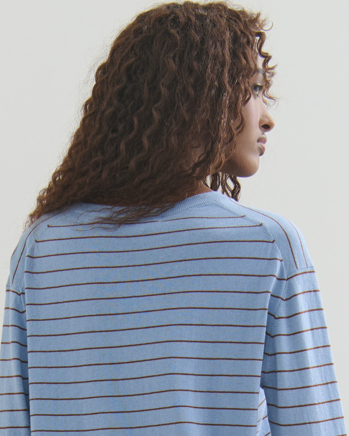 FINE STRIPE COTTON CASHMERE LONG SLEEVE TEE - WASHED DENIM