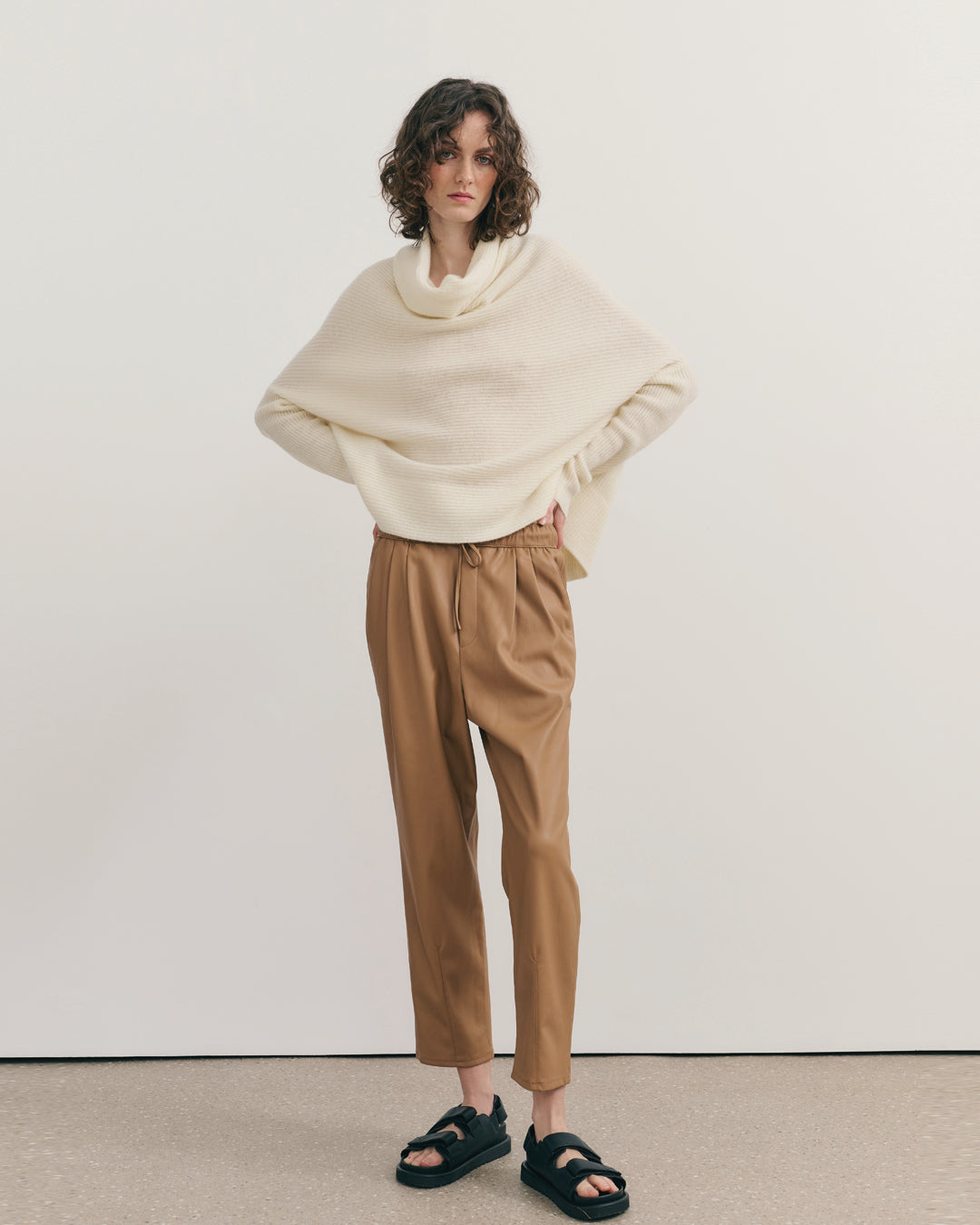 RIB KNIT COWL NECK CROP TOP - CREAM RAW